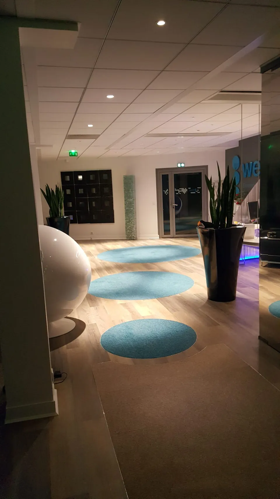 Espace lounge de bureaux avec tapis ronds, plantes et parquet
